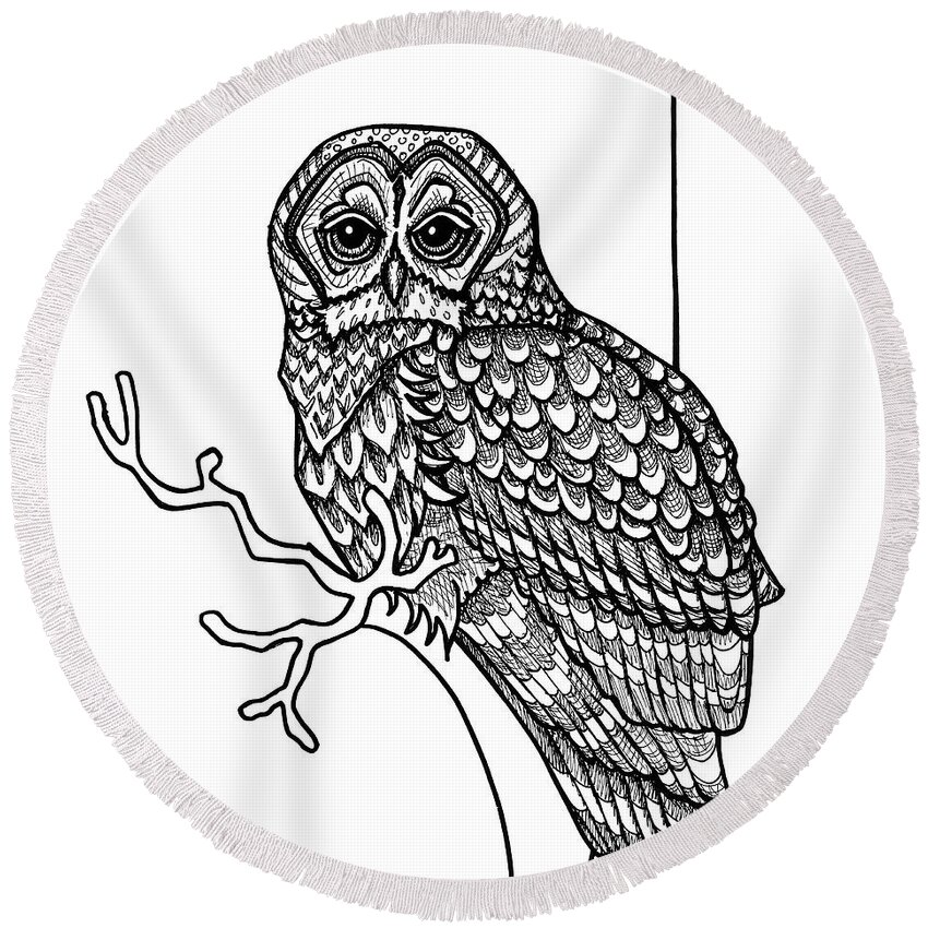 Animal Portrait Round Beach Towel featuring the drawing Barred Owl by Amy E Fraser