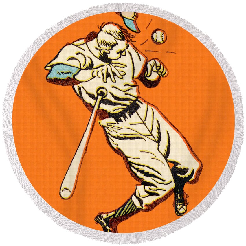 Adult Round Beach Towel featuring the drawing Baseball Player Being Hit With Baseball by CSA Images