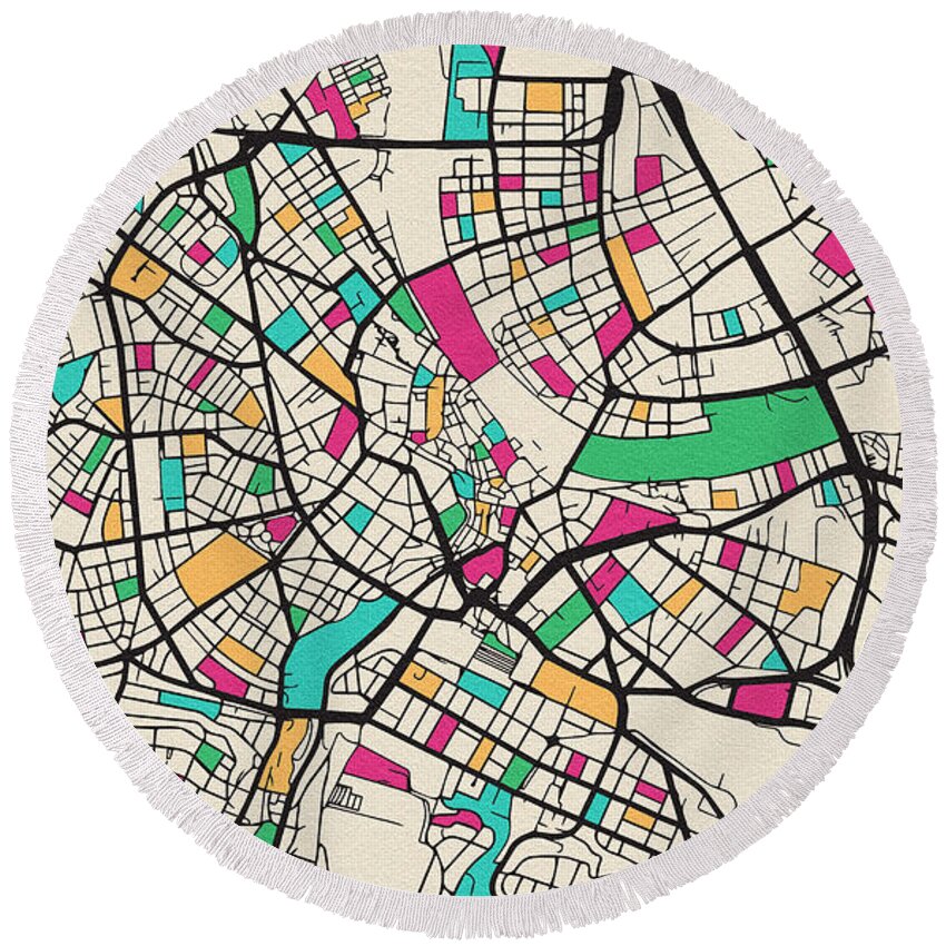 Basel Round Beach Towel featuring the drawing Basel, Switzerland City Map by Inspirowl Design