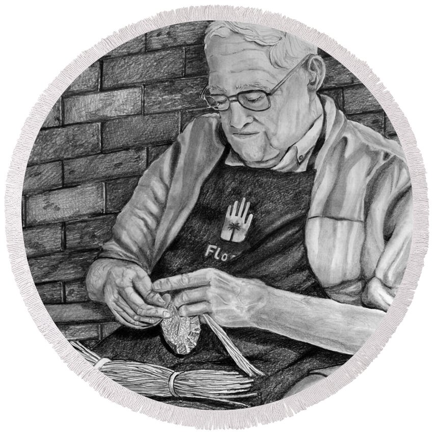 Basket Round Beach Towel featuring the drawing Basket Weaver by Margaret Zabor