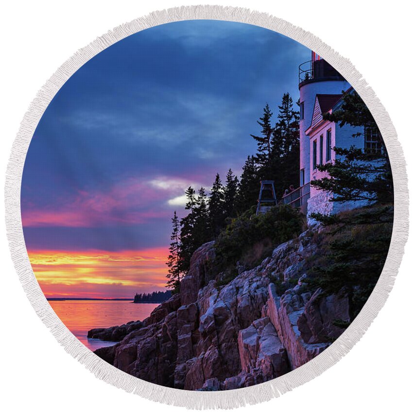 Maine Round Beach Towel featuring the photograph Bass Harbor Head Lighthouse at Twilight by Stefan Mazzola