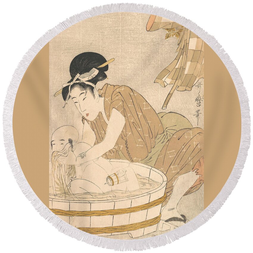 19th Century Art Round Beach Towel featuring the relief Bathtime by Kitagawa Utamaro