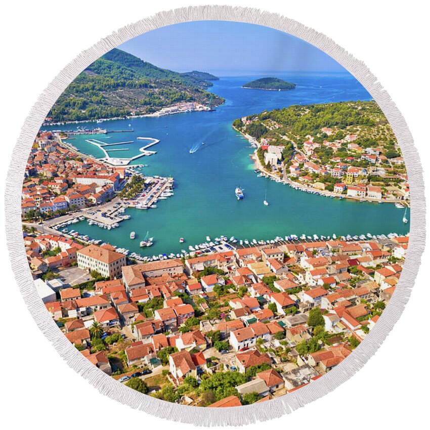Vela Luka Round Beach Towel featuring the photograph Bay of Vela Luka on Korcula island aerial view by Brch Photography