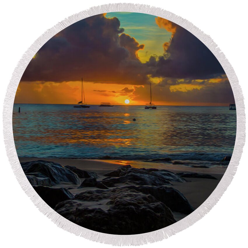 Barbados Round Beach Towel featuring the photograph Beach at sunset by Stuart Manning