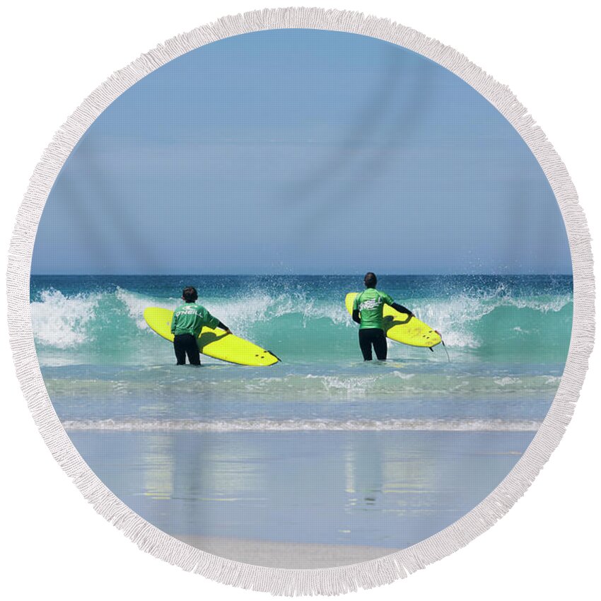 Cornwall Round Beach Towel featuring the photograph Beach Boys go surfing by Terri Waters