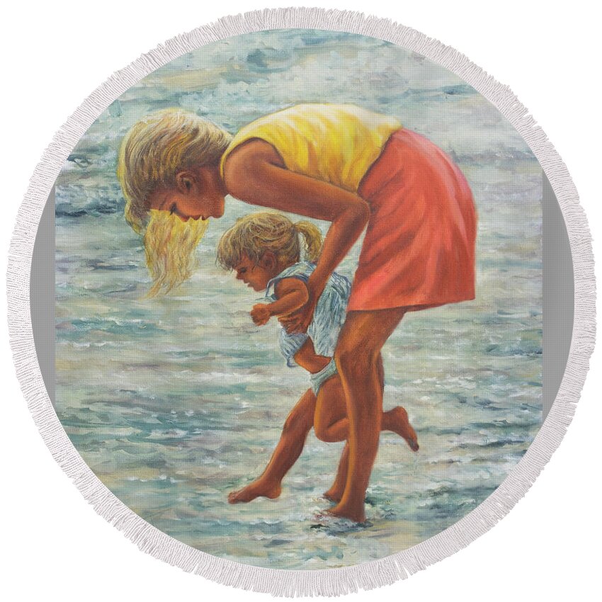Mother And Child At Beach Round Beach Towel featuring the painting Forever Memories by Lynne Pittard