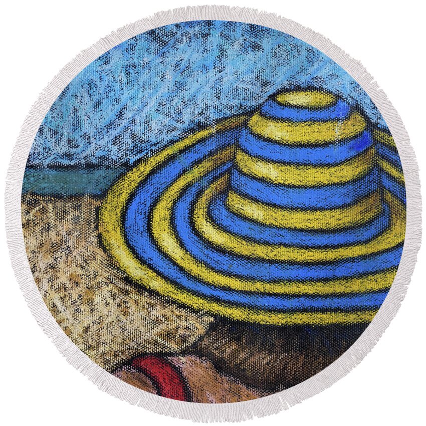Beach Round Beach Towel featuring the painting Beach Hat Blue and Yellow by Karla Beatty