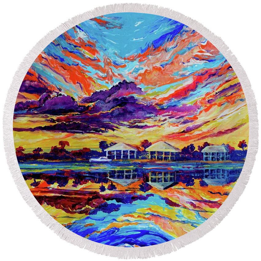 Ocean Abstract Round Beach Towel featuring the painting Beach House Reflections Fluid Acrylic by Marilyn Young