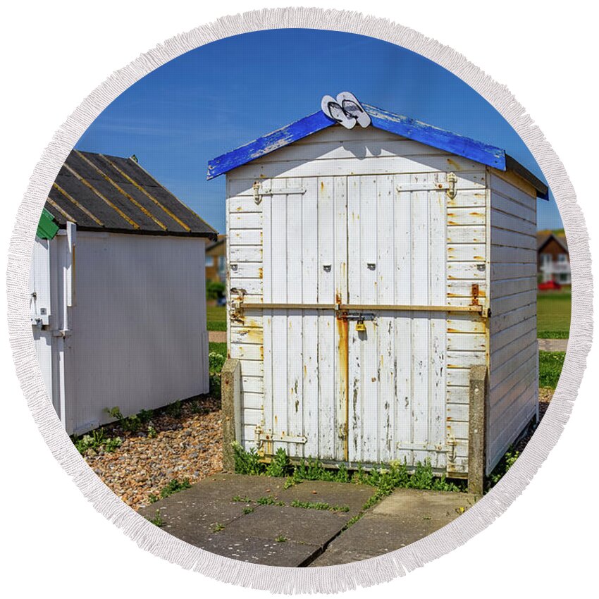 Worthing Round Beach Towel featuring the photograph Beach Hut on Pebbly Beach by Roslyn Wilkins