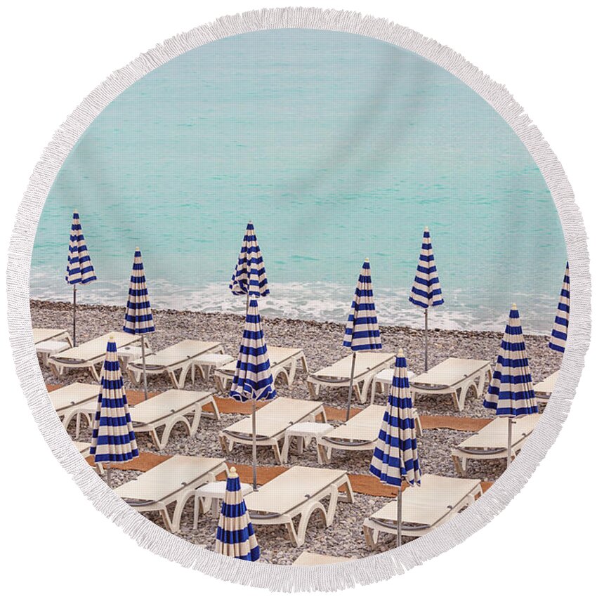 Beach Umbrellas In Nice Round Beach Towel featuring the photograph Beach Umbrellas in Nice by Melanie Alexandra Price