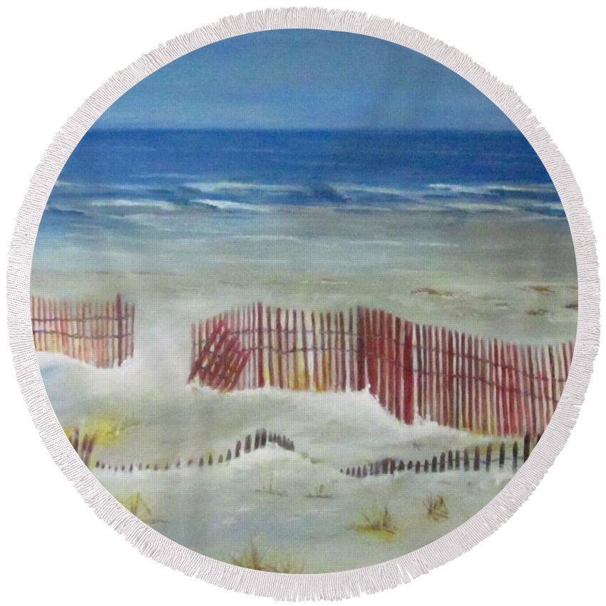 Painting Round Beach Towel featuring the painting Beach With Red Fence by Paula Pagliughi