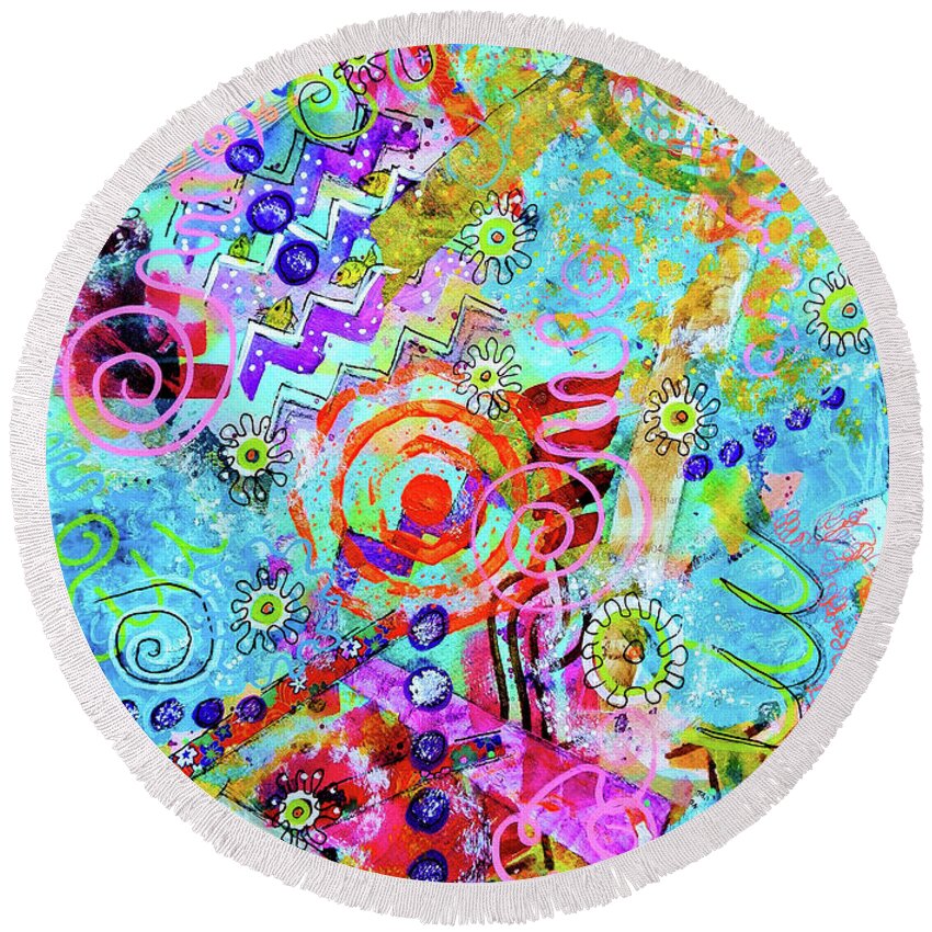 Summer Round Beach Towel featuring the mixed media BeachParty by Mimulux Patricia No