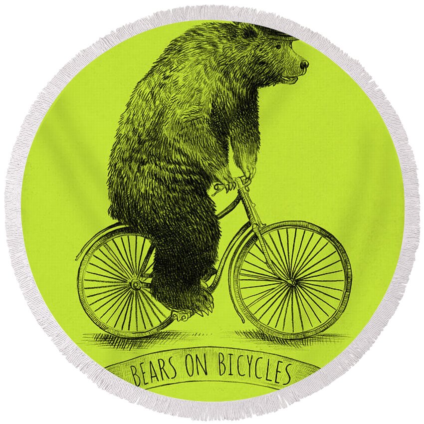 Bear Round Beach Towel featuring the drawing Bears on Bicycles - Lime by Eric Fan
