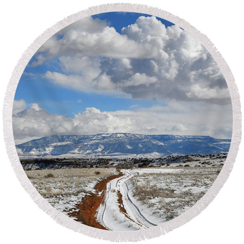 Ruby Mountain Round Beach Towel featuring the photograph Beautiful Clouds over Grand Mesa in Grand Junction Colorado by Ray Mathis