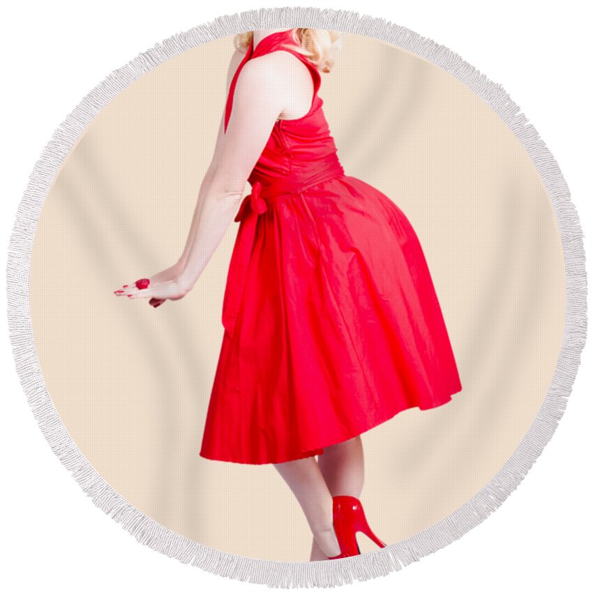 Fashion Round Beach Towel featuring the photograph Beautiful woman model in red dress and high heels by Jorgo Photography