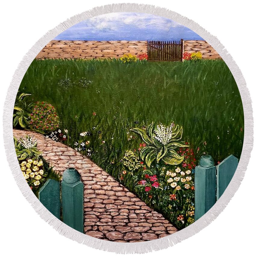 Garden Round Beach Towel featuring the painting Beauty on a stormy day by Kathlene Melvin