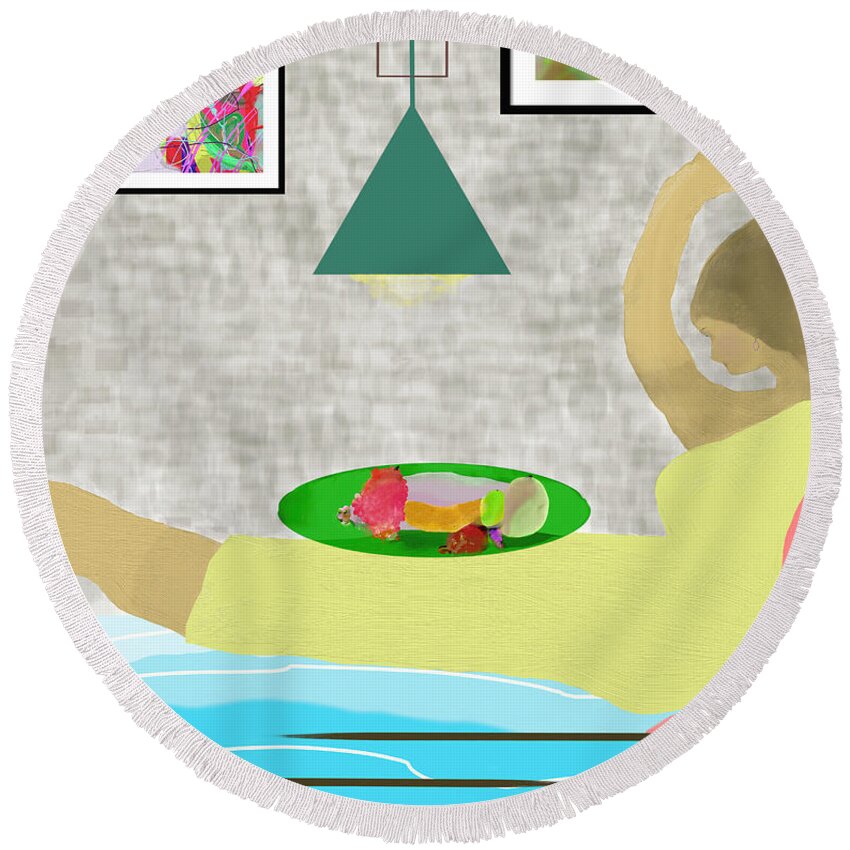 Bed Round Beach Towel featuring the digital art Bed and Breakfast by SC Heffner