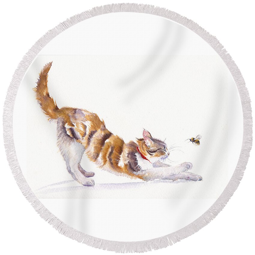 Cats Round Beach Towel featuring the painting Stretching Cat - Bee Humble by Debra Hall