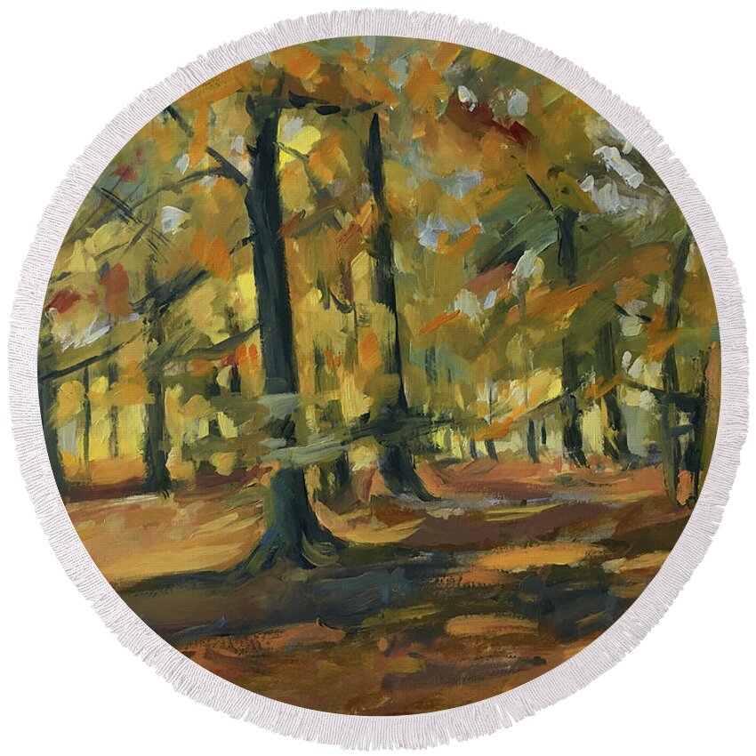 Forest Round Beach Towel featuring the painting Beeches in Autumn by Nop Briex