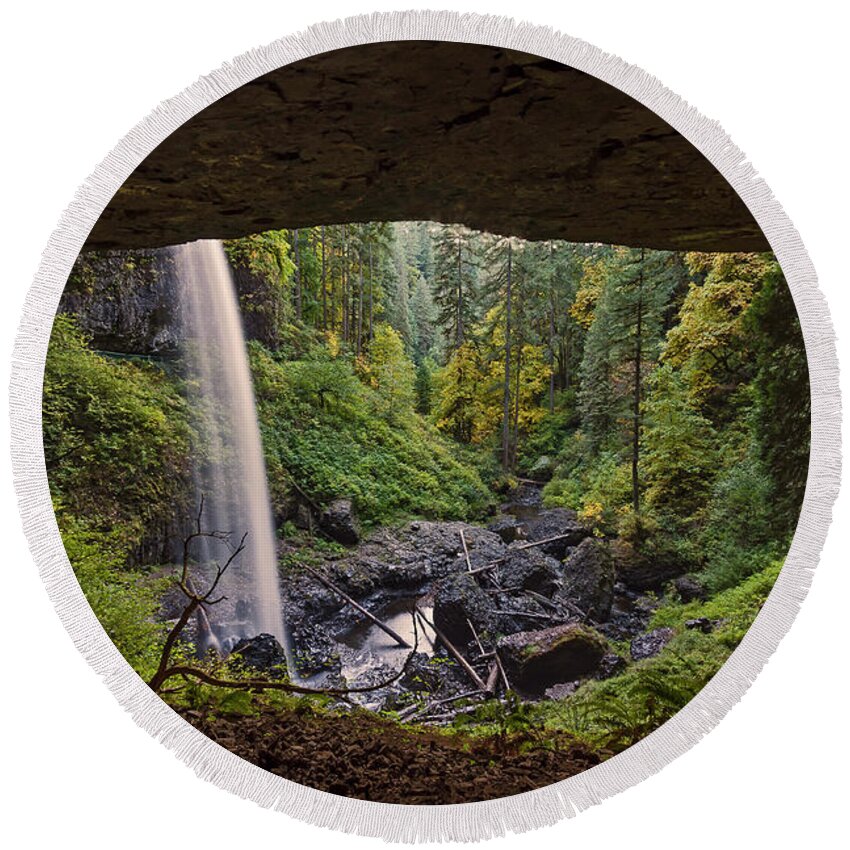 Silver Falls Round Beach Towel featuring the photograph Behind North Falls by Ulrich Burkhalter