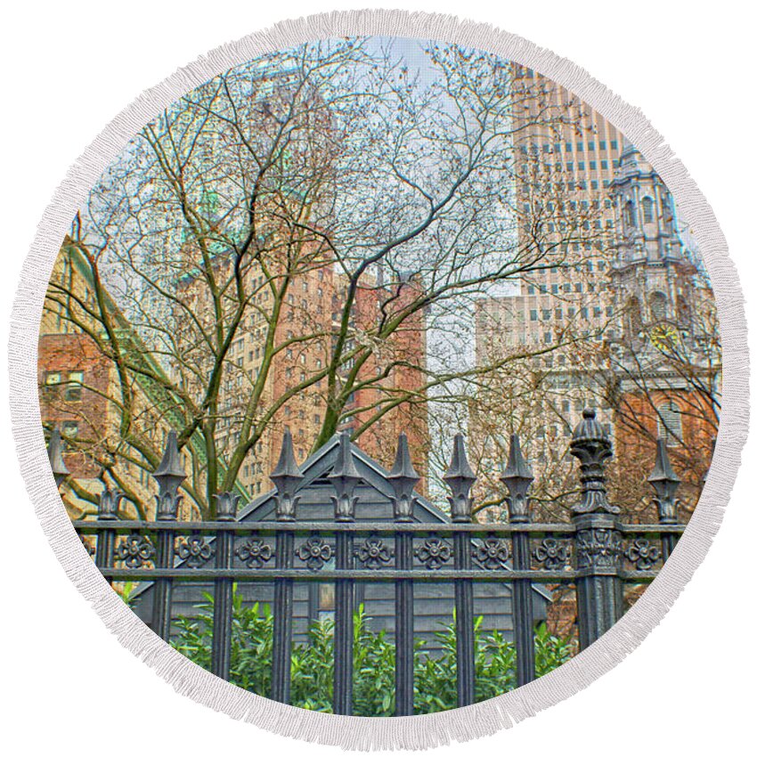Rod Iron Fence Round Beach Towel featuring the photograph Behind the Fence by Sandy Moulder