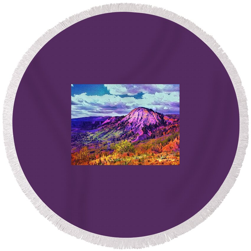 Gypsum Hills Behind The Lone Cone In Montezuma County Colorado Round Beach Towel featuring the digital art Behind the Lone Cone by Annie Gibbons