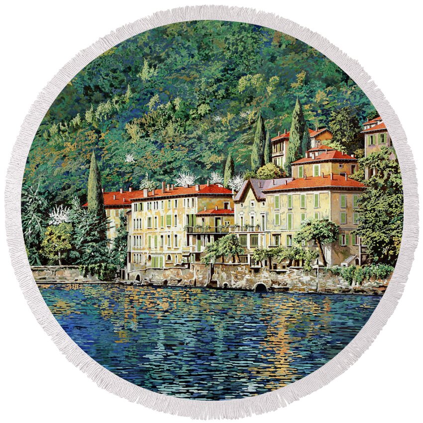 Landscape Round Beach Towel featuring the painting Bellano on Lake Como by Guido Borelli