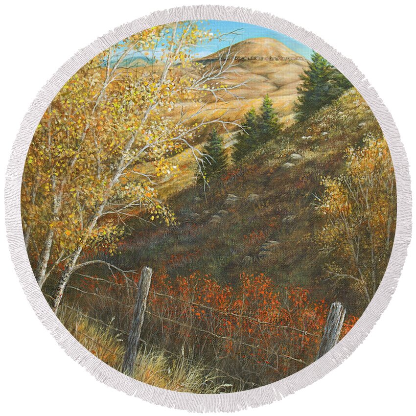 Belt Mt Round Beach Towel featuring the painting Belt Butte Autumn by Kim Lockman