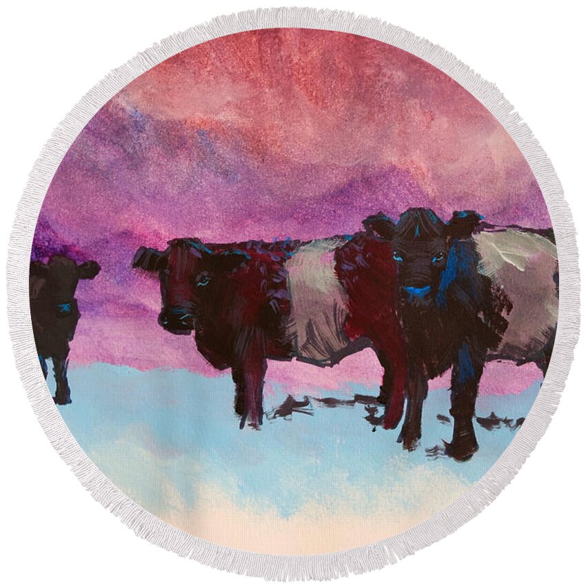 Belted Galloway Cows Round Beach Towel featuring the painting Belties cattle painting with atmospheric purple blue backgorund by Mike Jory