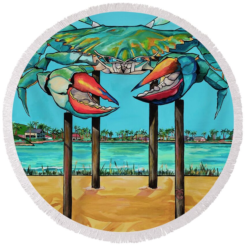 Big Blue Crab Round Beach Towel featuring the painting Big Blue Crab Rockport by Patti Schermerhorn