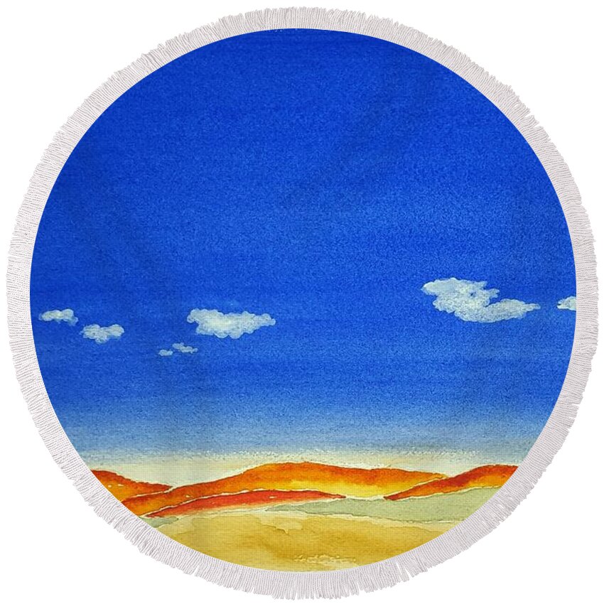 Watercolor Round Beach Towel featuring the painting Big Sky Lore by John Klobucher