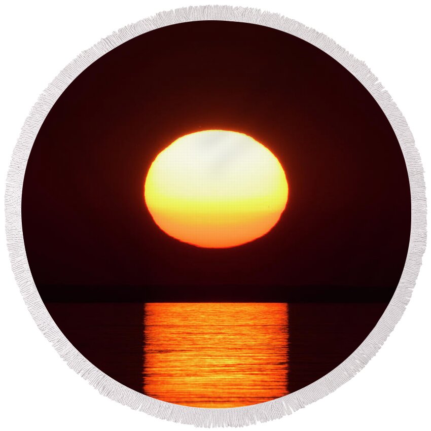 Amber Round Beach Towel featuring the photograph Big Sun on Lake Superior by Bill Frische