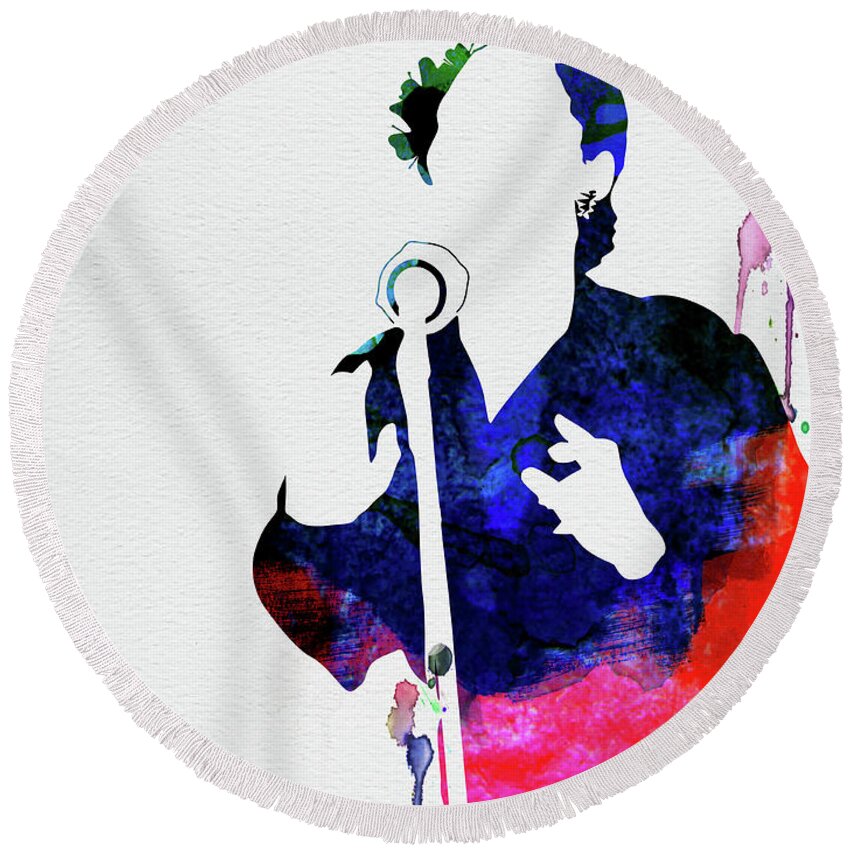 Billie Holiday Round Beach Towel featuring the mixed media Billie Holiday Watercolor by Naxart Studio