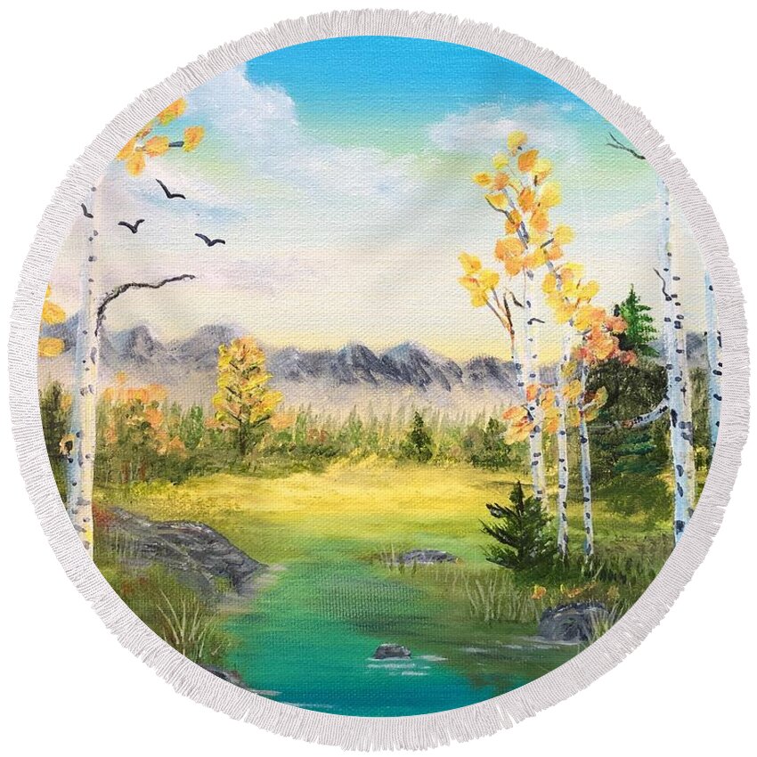 Birch Round Beach Towel featuring the painting Birches By The Creek by Monika Shepherdson