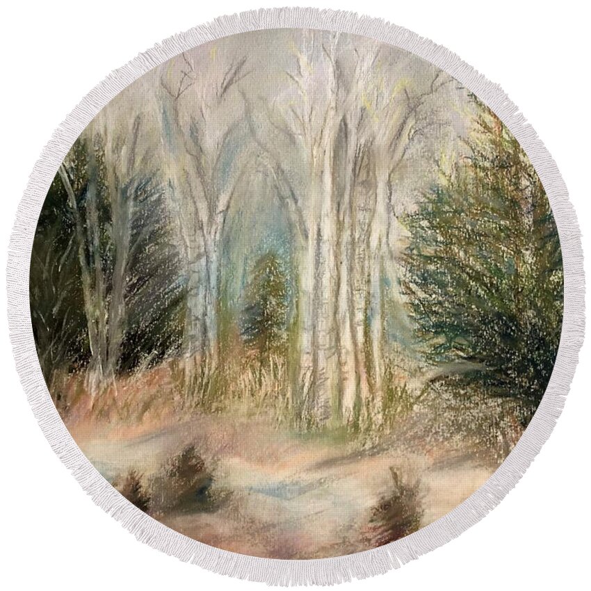 Birch Round Beach Towel featuring the painting Foggy Birch by Deb Stroh-Larson