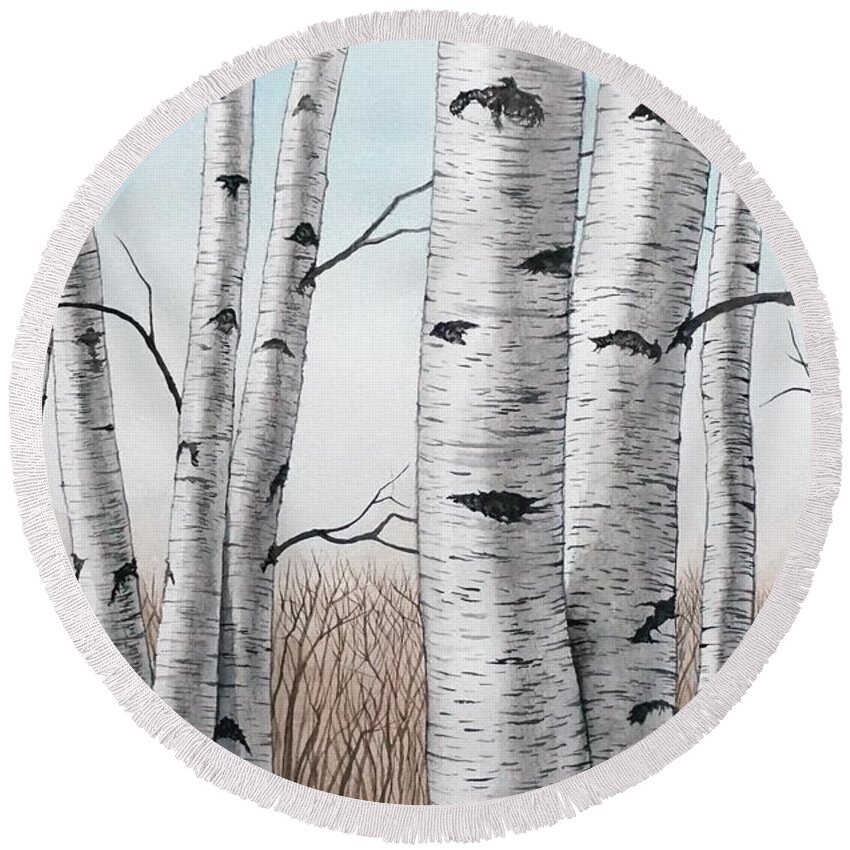 Birch Round Beach Towel featuring the painting Birch Trees in Early Winter in Watercolor by Christopher Shellhammer