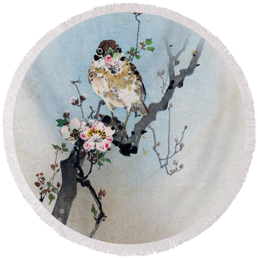 Rioko Round Beach Towel featuring the painting Bird and Petal by Rioko