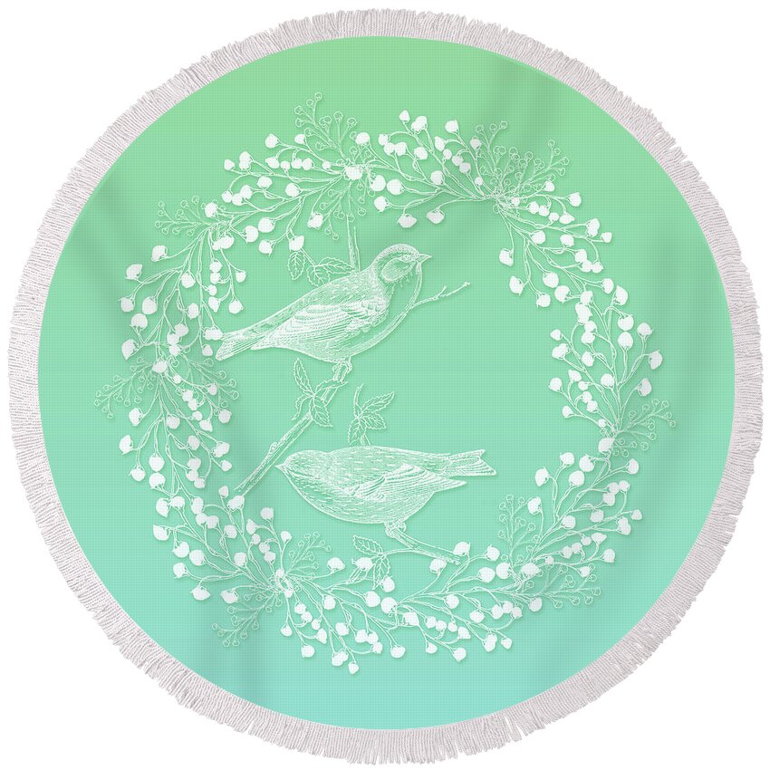 Birds Round Beach Towel featuring the photograph Birds and Branches Ombre Mint Wreath by Sharon Mau