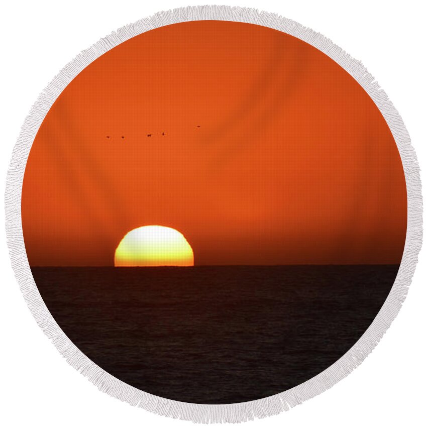Sunset Round Beach Towel featuring the photograph Birds Flying Over The Sunset by Aicy Karbstein