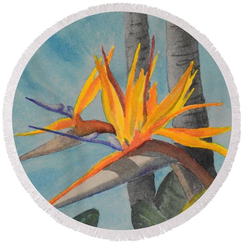 Floral Round Beach Towel featuring the painting Birds of Paradise 1 by Petra Burgmann