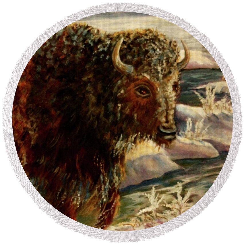Bison In The Depths Of Winter In Yellowstone National Park Round Beach Towel featuring the painting Bison In The Depths Of Winter in Yellowstone National Park by Philip And Robbie Bracco