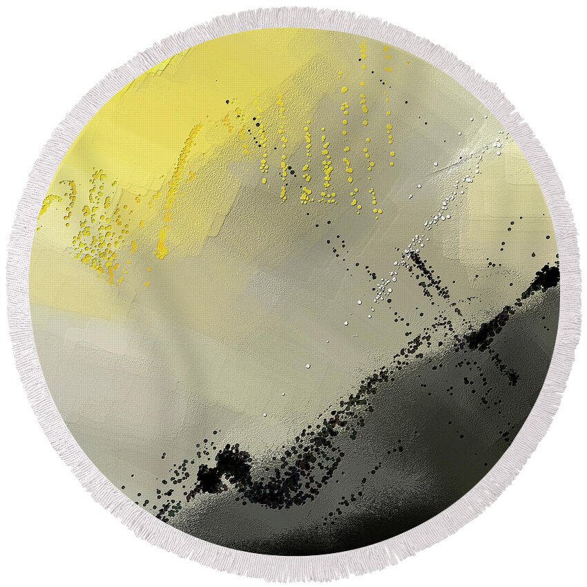 Yellow Round Beach Towel featuring the painting Bit Of Sun - Yellow And Gray Modern Art by Lourry Legarde