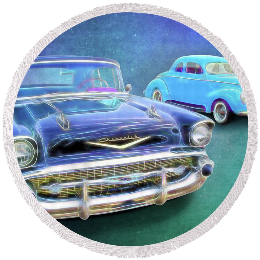 1957 Chevy Black Round Beach Towel featuring the digital art Black and Blue by Rick Wicker