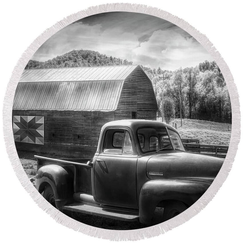 1947 Round Beach Towel featuring the photograph Black and White Truck at the Farm Barn by Debra and Dave Vanderlaan