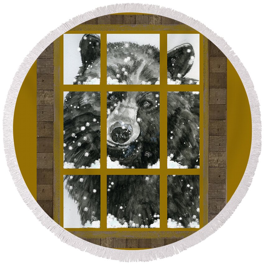 Black Bear Round Beach Towel featuring the painting Black Bear, Outside My Window by Joan Chlarson