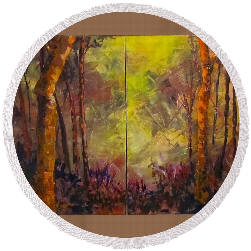 Diptych Round Beach Towel featuring the painting Black Bird Forest by Barbara O'Toole