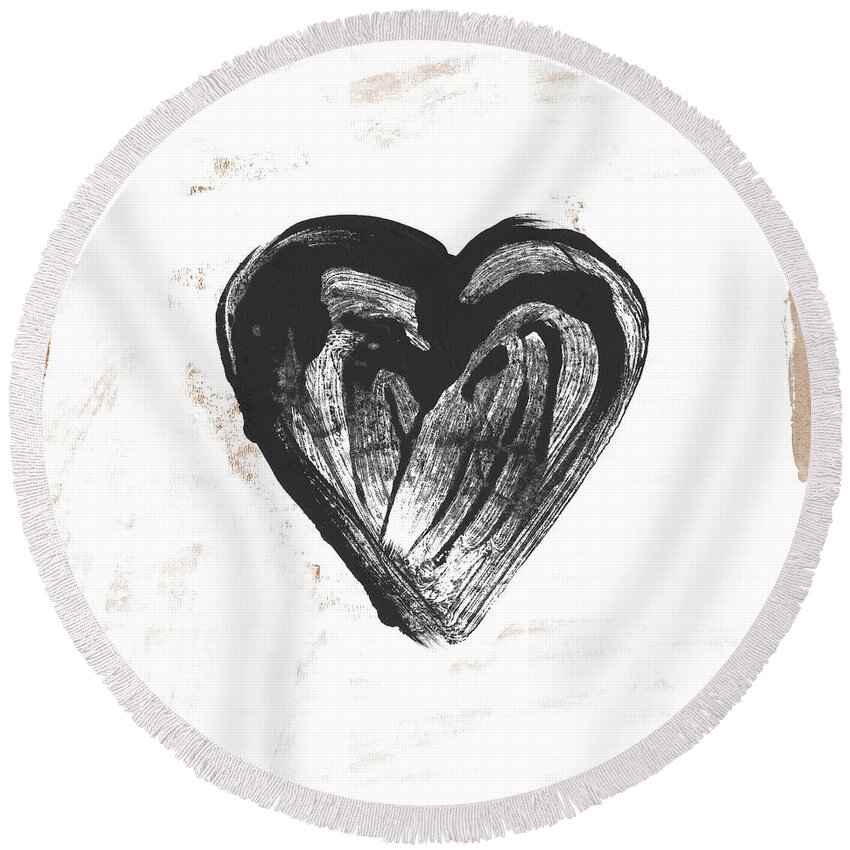 Heart Round Beach Towel featuring the mixed media Black Heart- Art by Linda Woods by Linda Woods