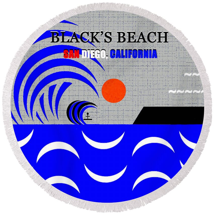 Black's Beach San Diego California Round Beach Towel featuring the digital art Black's Beach California surfing art by David Lee Thompson
