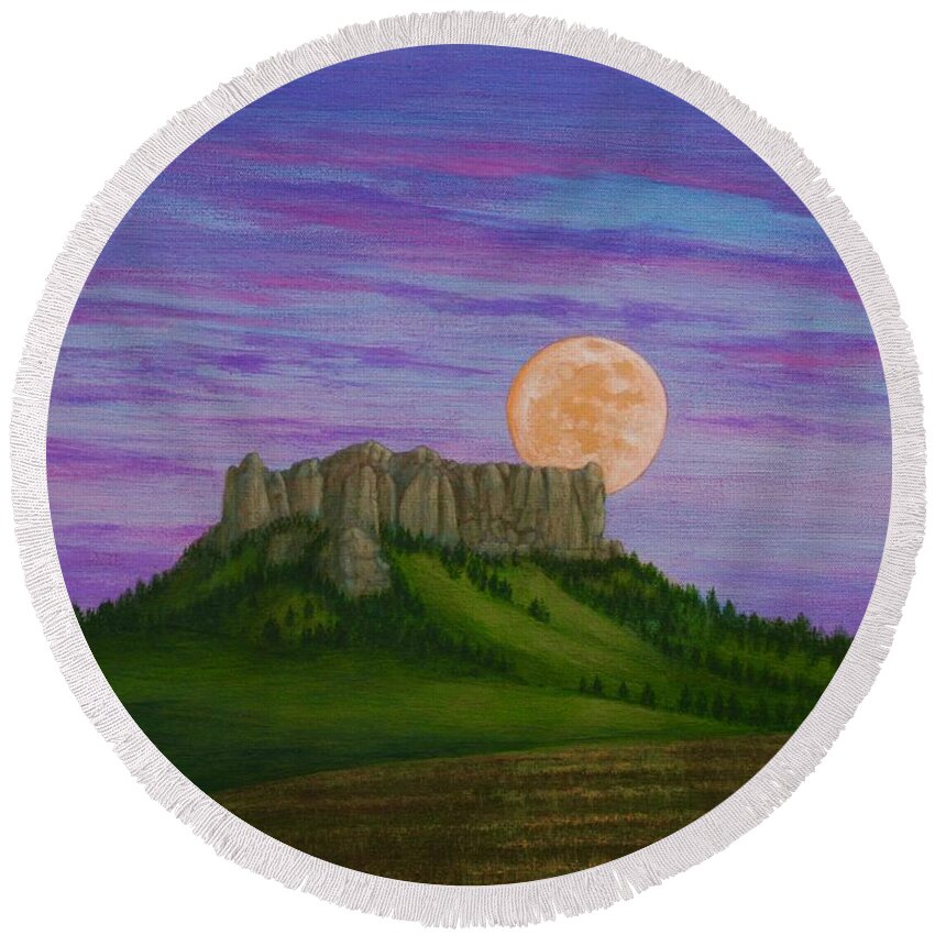 Western Landscape Round Beach Towel featuring the painting Blood Moon by J W Kelly