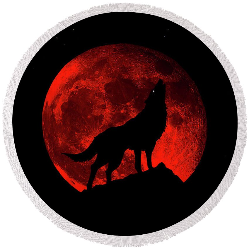 Bloodred Wolf Moon Round Beach Towel featuring the photograph Blood Red Wolf Supermoon Eclipse 873j by Ricardos Creations